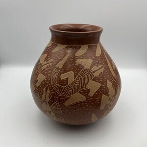 Mata Ortiz Mexican Large Vase Red Pottery Artist Signed Marisela Torres Lizards